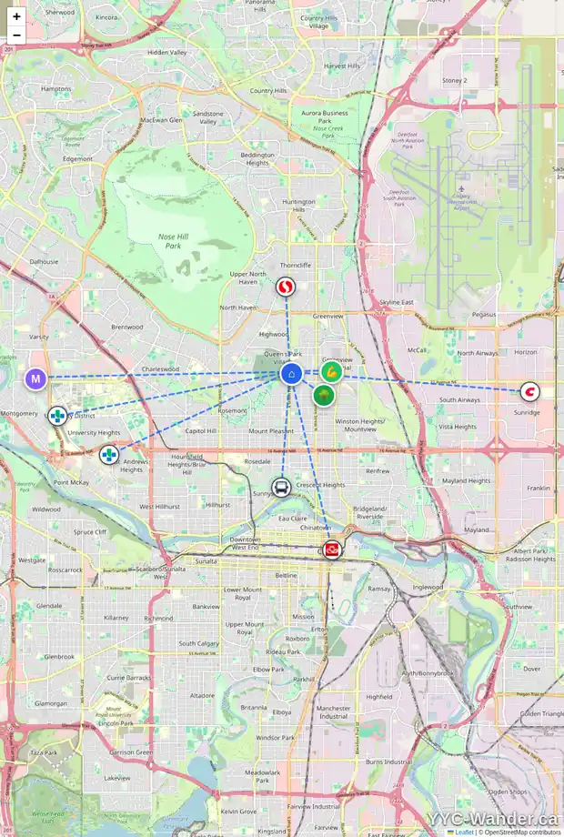 Daily accessibility map for 458 34 AV NW, Calgary showing nearby schools, grocery stores, parks, LRT stations and nearby amenities