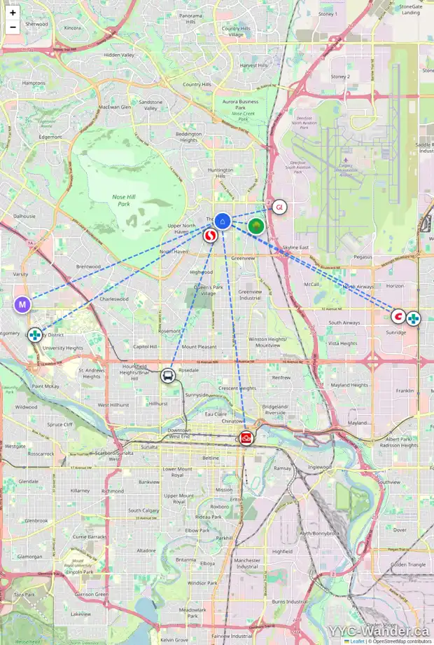 Daily accessibility map for 6012 THORNBURN DR NW, Calgary showing nearby schools, grocery stores, parks, LRT stations and nearby amenities