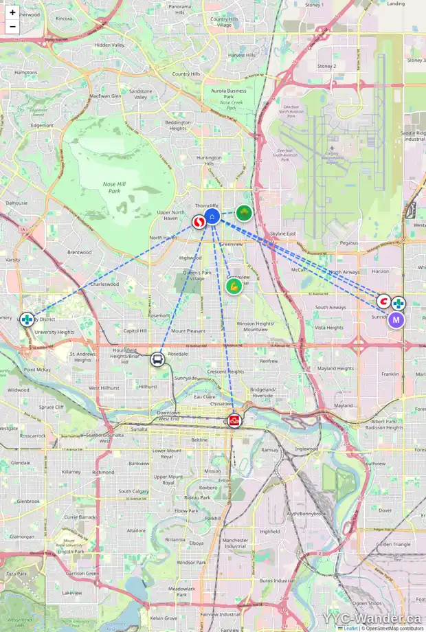 Daily accessibility map for 307 HAWTHORN DR NW, Calgary showing nearby schools, grocery stores, parks, LRT stations and nearby amenities