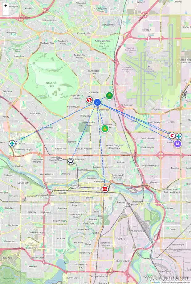 Daily accessibility map for 5431 BUCKTHORN RD NW, Calgary showing nearby schools, grocery stores, parks, LRT stations and nearby amenities
