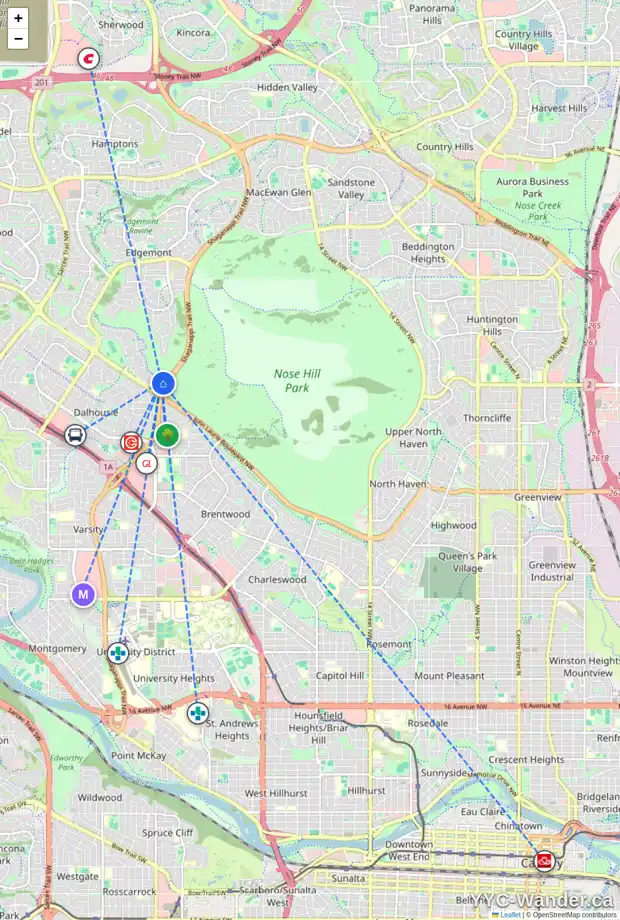 Daily accessibility map for 20 EDGEMONT CO NW, Calgary showing nearby schools, grocery stores, parks, LRT stations and nearby amenities
