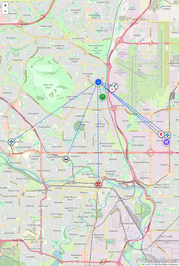 Daily accessibility map for 172 HUNTCHESTER CR NE, Calgary showing nearby schools, grocery stores, parks, LRT stations and nearby amenities