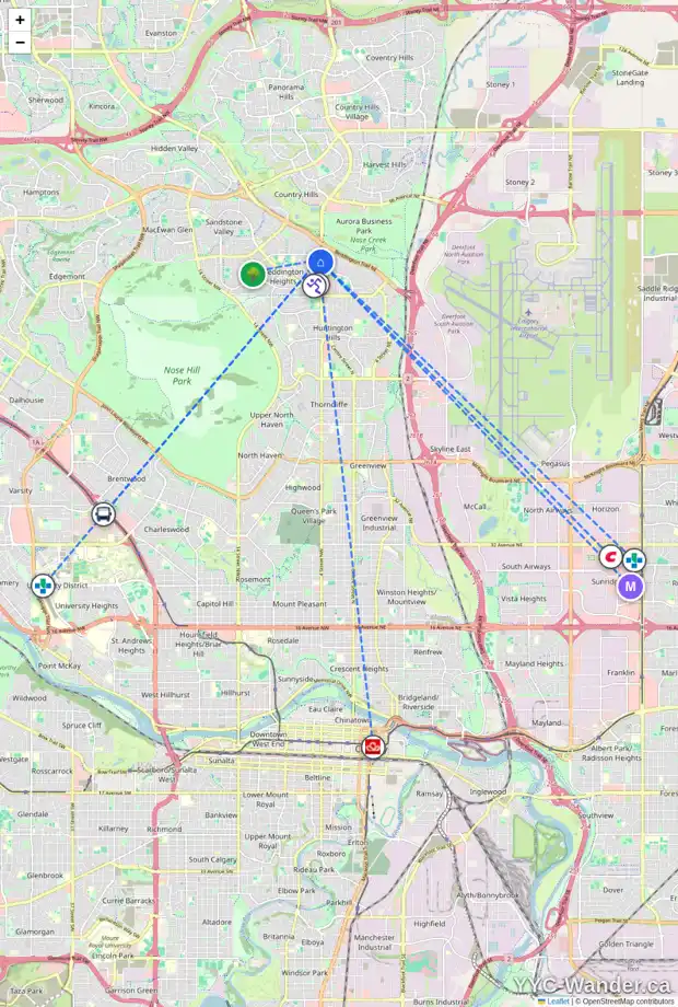 Daily accessibility map for 11 BERGEN CR NW, Calgary showing nearby schools, grocery stores, parks, LRT stations and nearby amenities