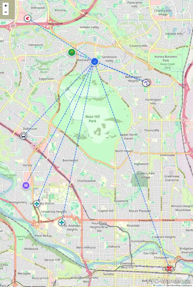 Daily accessibility map for 52 MACEWAN PARK LI NW, Calgary showing nearby schools, grocery stores, parks, LRT stations and nearby amenities