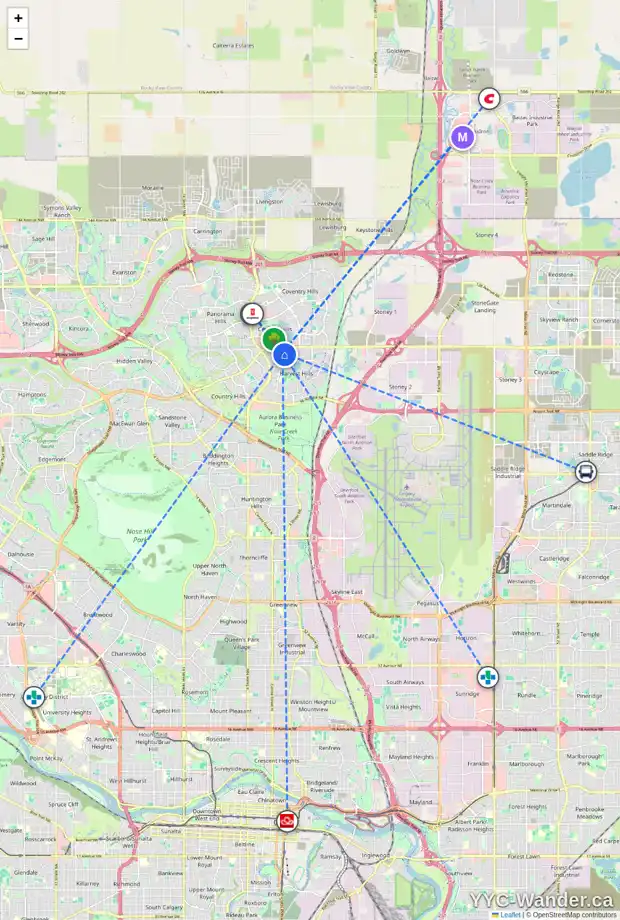 Daily accessibility map for 165 HARVEST OAK WY NE, Calgary showing nearby schools, grocery stores, parks, LRT stations and nearby amenities