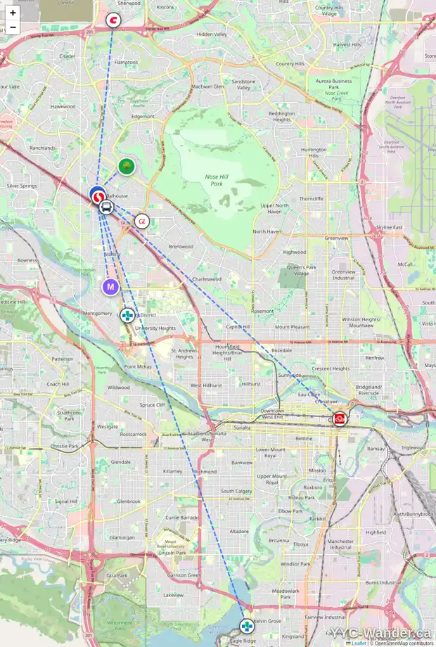 Daily accessibility map for 28 DALHOUSIE CR NW, Calgary showing nearby schools, grocery stores, parks, LRT stations and nearby amenities