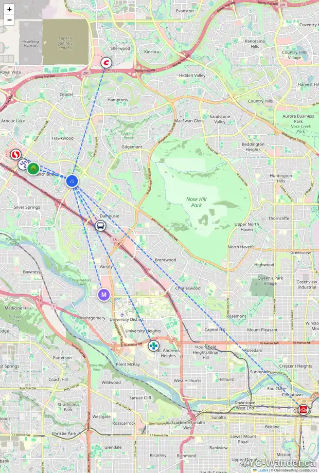Daily accessibility map for 319 RANCH ESTATES PL NW, Calgary showing nearby schools, grocery stores, parks, LRT stations and nearby amenities