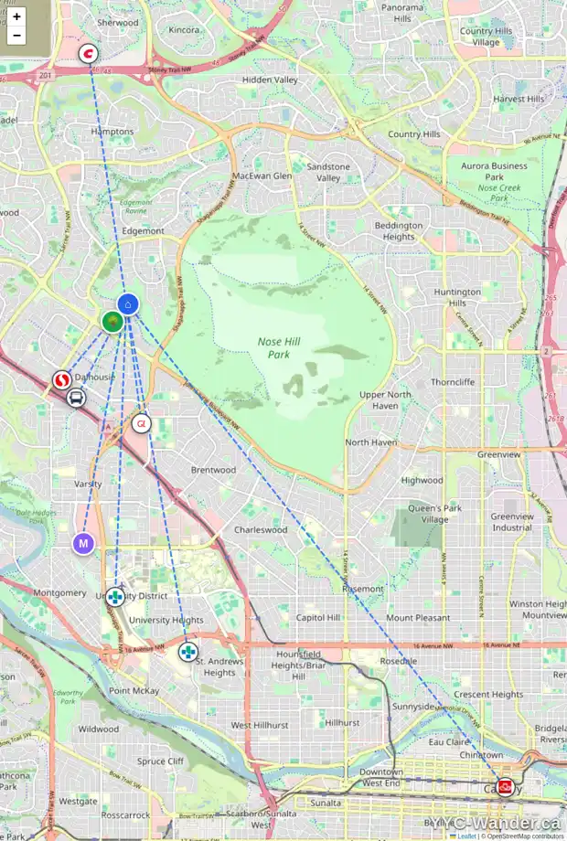 Daily accessibility map for 848 EDGEMONT RD NW, Calgary showing nearby schools, grocery stores, parks, LRT stations and nearby amenities