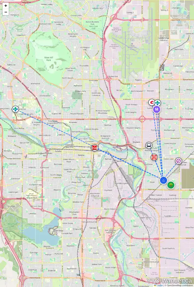 Daily accessibility map for 100 DOVER MEADOW CL SE, Calgary showing nearby schools, grocery stores, parks, LRT stations and nearby amenities