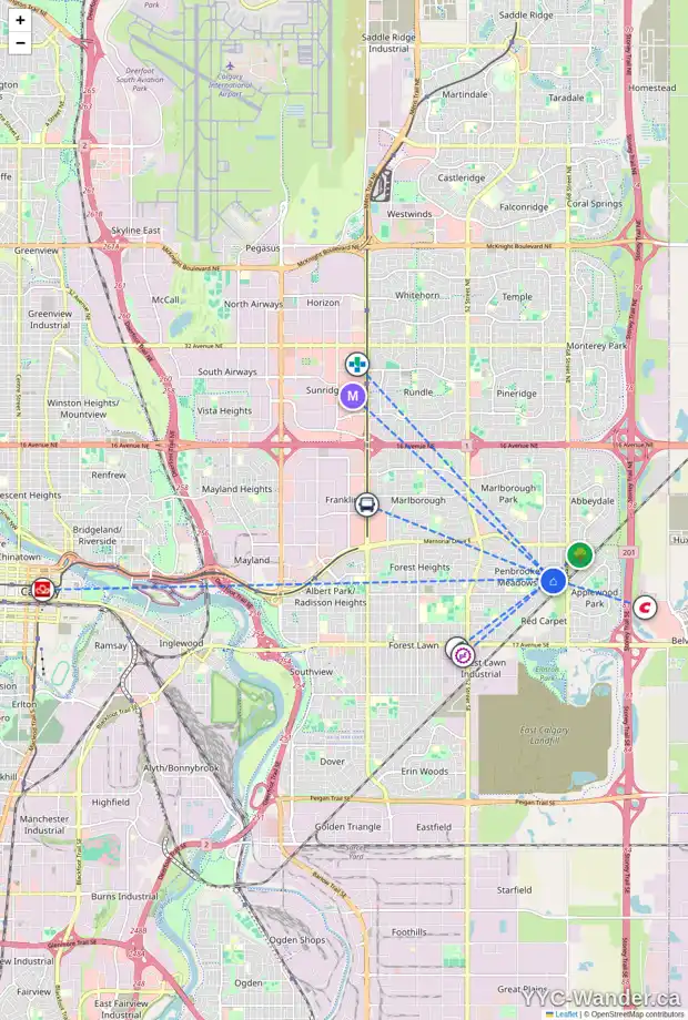 Daily accessibility map for 748 PENBROOKE RD SE, Calgary showing nearby schools, grocery stores, parks, LRT stations and nearby amenities