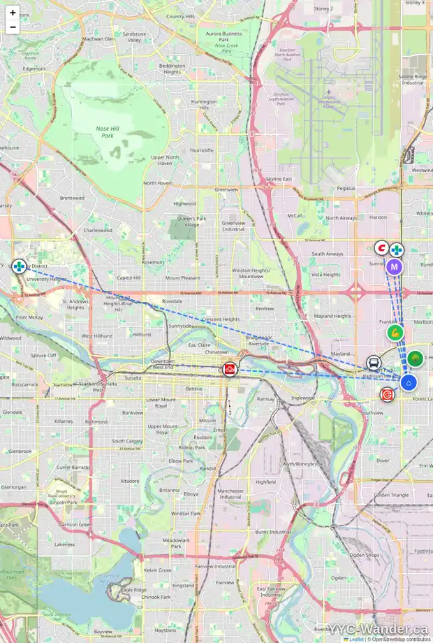 Daily accessibility map for 3818 12 AV SE, Calgary showing nearby schools, grocery stores, parks, LRT stations and nearby amenities