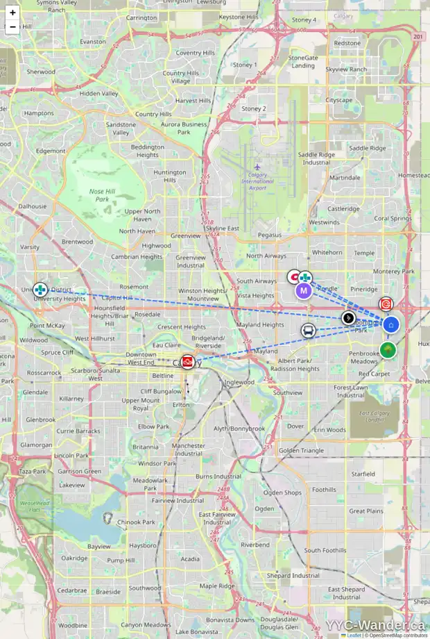Daily accessibility map for 735 ABOYNE WY NE, Calgary showing nearby schools, grocery stores, parks, LRT stations and nearby amenities