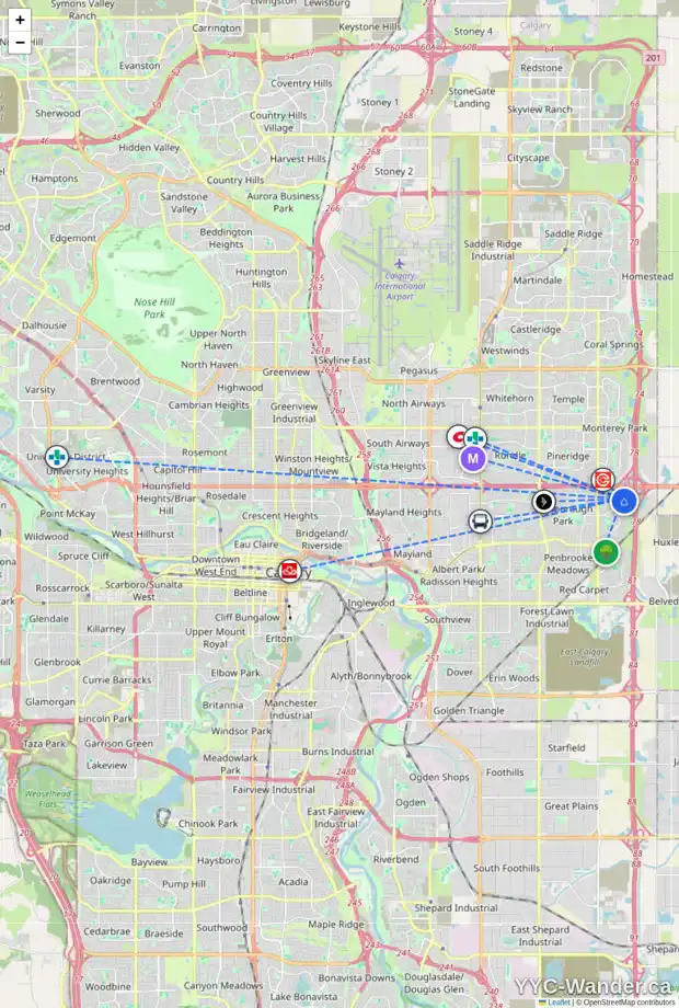 Daily accessibility map for 104 ABINGDON CR NE, Calgary showing nearby schools, grocery stores, parks, LRT stations and nearby amenities