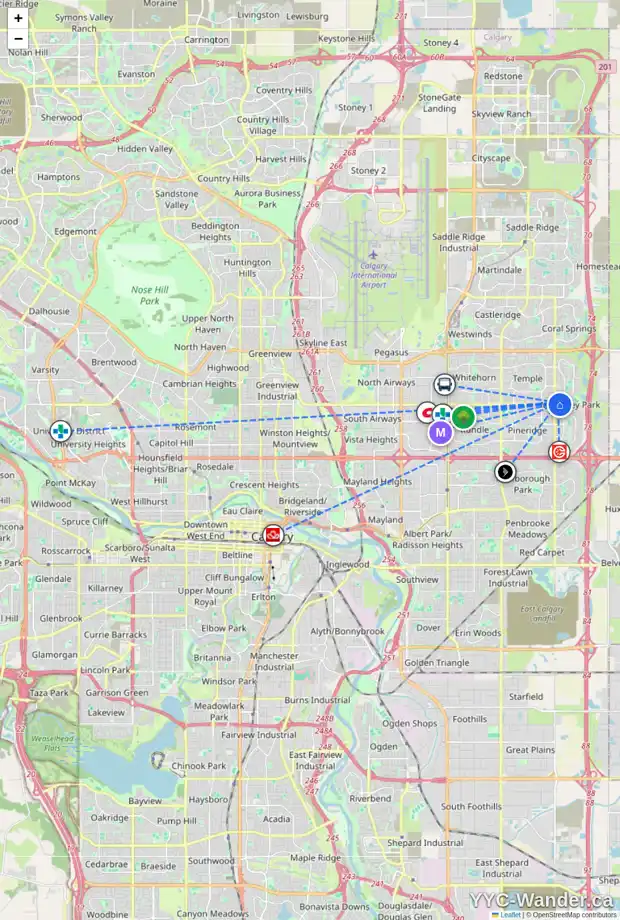 Daily accessibility map for 218 LAGUNA CI NE, Calgary showing nearby schools, grocery stores, parks, LRT stations and nearby amenities