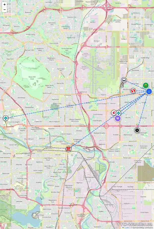 Daily accessibility map for 235 FALLSWATER RD NE, Calgary showing nearby schools, grocery stores, parks, LRT stations and nearby amenities