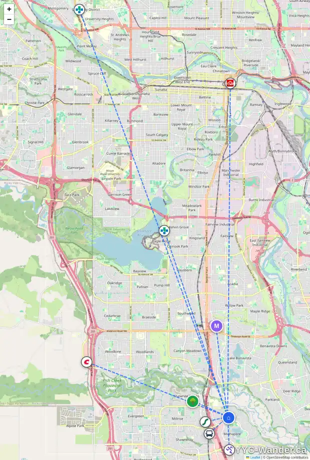 Daily accessibility map for 224 MIDRIDGE CR SE, Calgary showing nearby schools, grocery stores, parks, LRT stations and nearby amenities