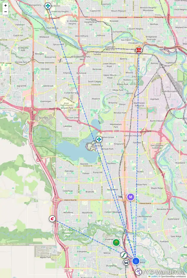Daily accessibility map for 155 MIDBEND PL SE, Calgary showing nearby schools, grocery stores, parks, LRT stations and nearby amenities