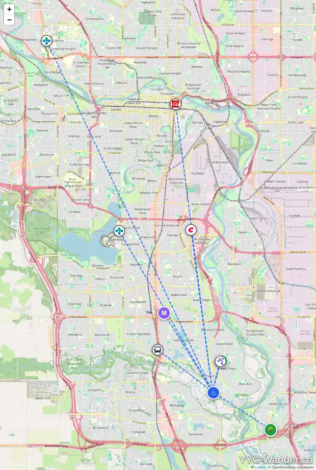 Daily accessibility map for 319 PARKVALLEY DR SE, Calgary showing nearby schools, grocery stores, parks, LRT stations and nearby amenities
