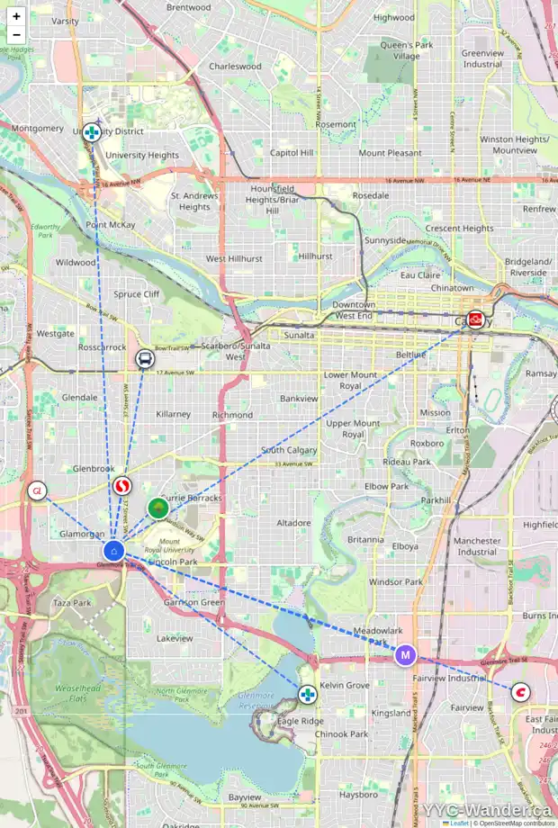 Daily accessibility map for 28 GLACIER DR SW, Calgary showing nearby schools, grocery stores, parks, LRT stations and nearby amenities