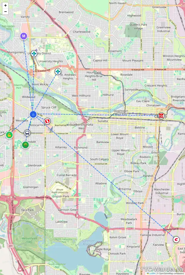 Daily accessibility map for 32 ROSSMERE RD SW, Calgary showing nearby schools, grocery stores, parks, LRT stations and nearby amenities