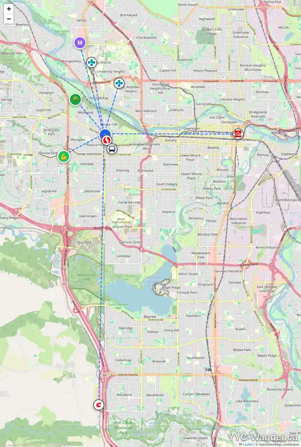 Daily accessibility map for 643 37 ST SW, Calgary showing nearby schools, grocery stores, parks, LRT stations and nearby amenities