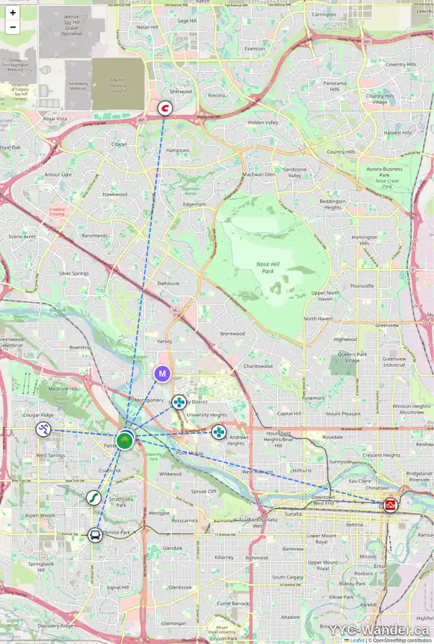 Daily accessibility map for 56 PATTERSON CR SW, Calgary showing nearby schools, grocery stores, parks, LRT stations and nearby amenities