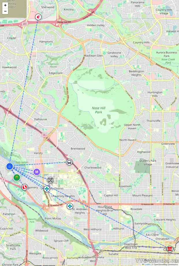 Daily accessibility map for 6236 BOWNESS RD NW, Calgary showing nearby schools, grocery stores, parks, LRT stations and nearby amenities