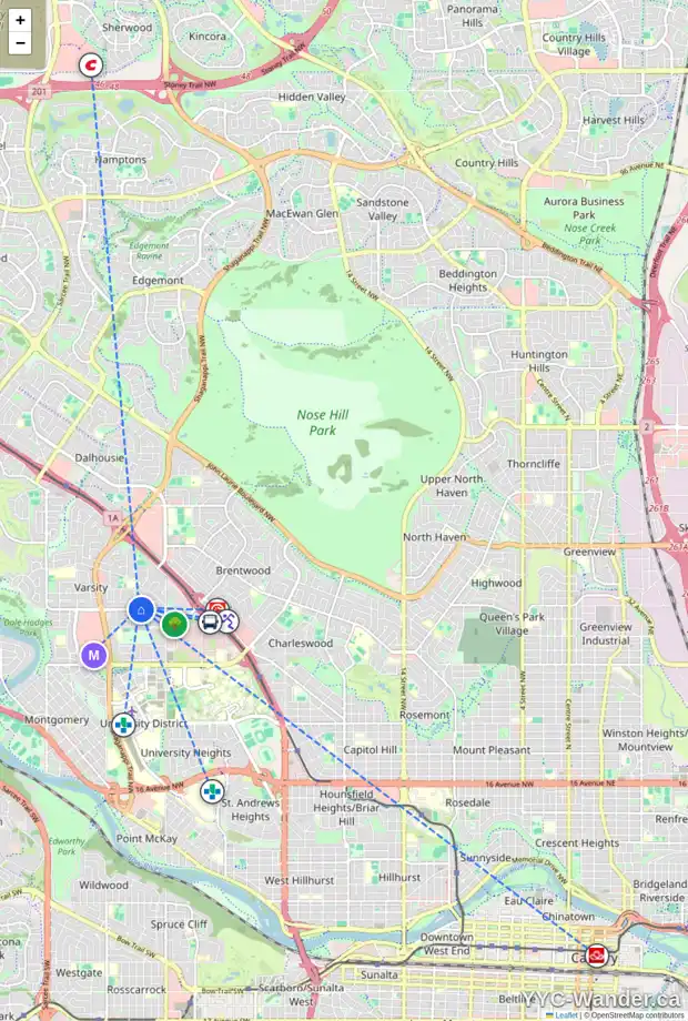 Daily accessibility map for 4024 40 AV NW, Calgary showing nearby schools, grocery stores, parks, LRT stations and nearby amenities