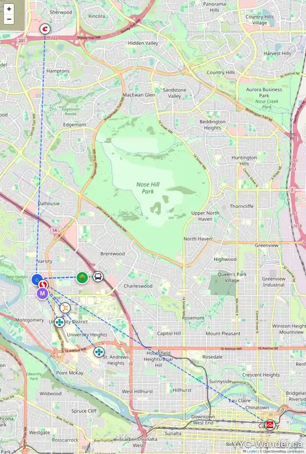 Daily accessibility map for 410 3730 50 ST NW, Calgary showing nearby schools, grocery stores, parks, LRT stations and nearby amenities