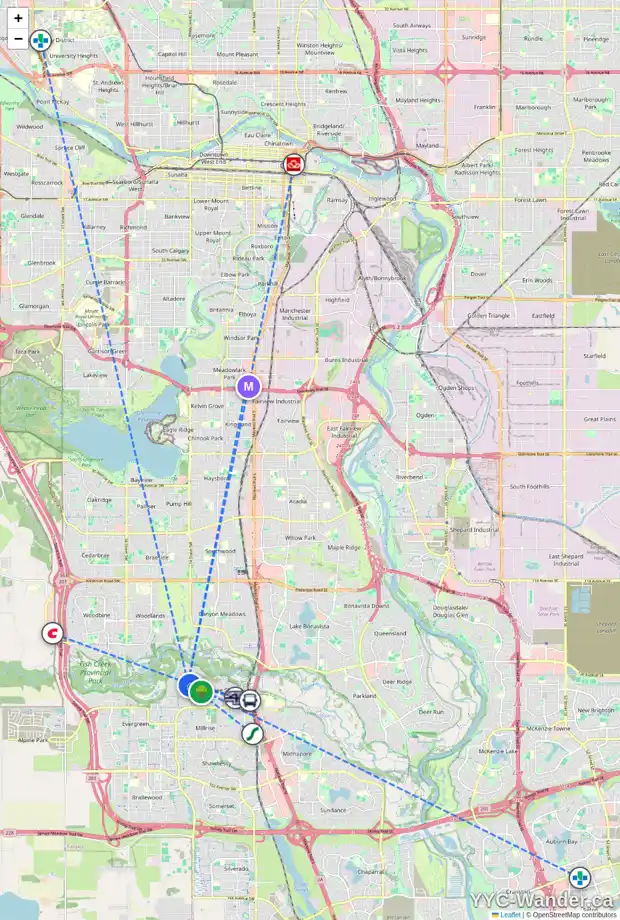 Daily accessibility map for 28 EVERGREEN CL SW, Calgary showing nearby schools, grocery stores, parks, LRT stations and nearby amenities