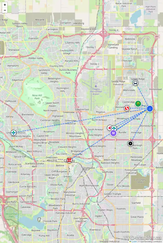 Daily accessibility map for 151 CORAL SPRINGS BV NE, Calgary showing nearby schools, grocery stores, parks, LRT stations and nearby amenities
