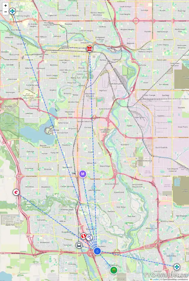 Daily accessibility map for 74 SUNDOWN MR SE, Calgary showing nearby schools, grocery stores, parks, LRT stations and nearby amenities