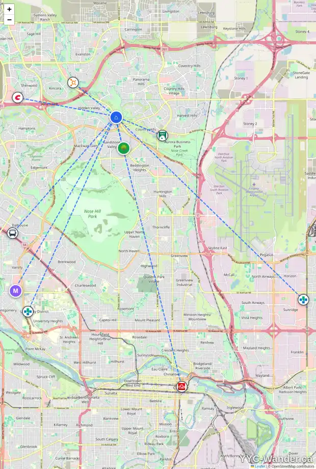Daily accessibility map for 91 HIDDEN VALLEY GR NW, Calgary showing nearby schools, grocery stores, parks, LRT stations and nearby amenities