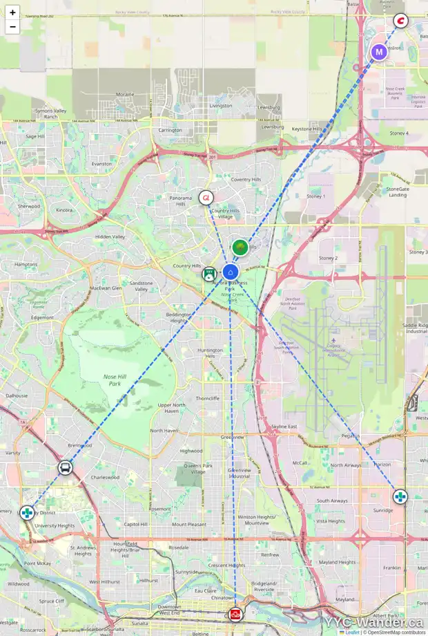 Daily accessibility map for 170 HARVEST ROSE CI NE, Calgary showing nearby schools, grocery stores, parks, LRT stations and nearby amenities