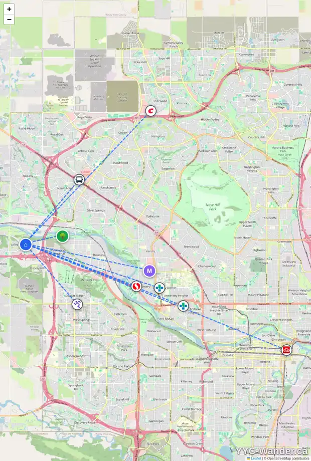 Daily accessibility map for 10983 VALLEY SPRINGS RD NW, Calgary showing nearby schools, grocery stores, parks, LRT stations and nearby amenities
