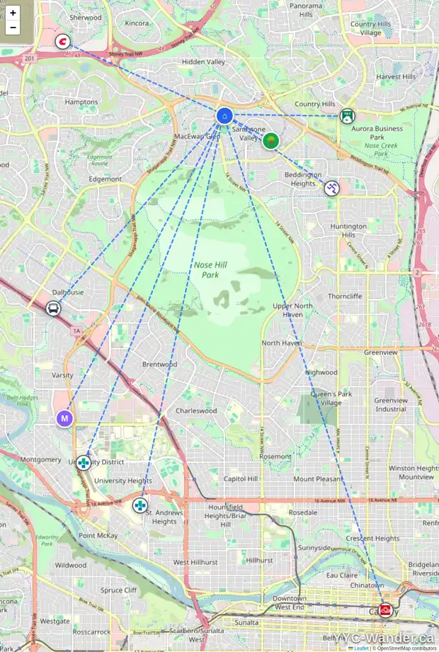 Daily accessibility map for 16 388 SANDARAC DR NW, Calgary showing nearby schools, grocery stores, parks, LRT stations and nearby amenities