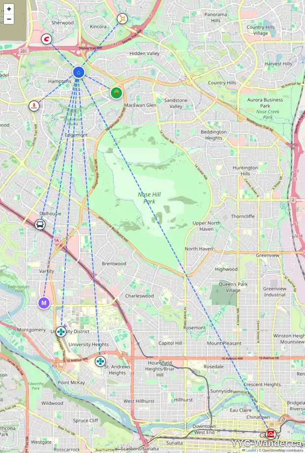Daily accessibility map for 68 HAMPTONS LI NW, Calgary showing nearby schools, grocery stores, parks, LRT stations and nearby amenities