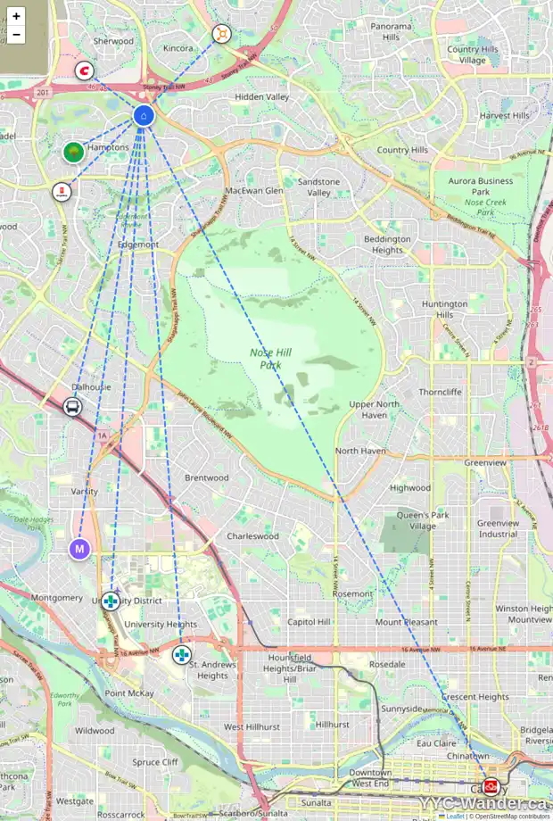 Daily accessibility map for 128 HAMPTONS HT NW, Calgary showing nearby schools, grocery stores, parks, LRT stations and nearby amenities