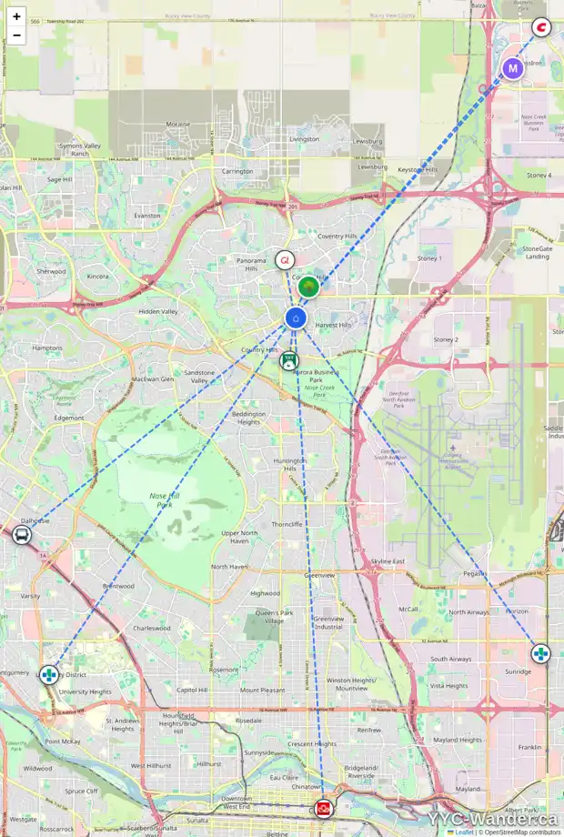Daily accessibility map for 71 COUNTRY HILLS DR NW, Calgary showing nearby schools, grocery stores, parks, LRT stations and nearby amenities