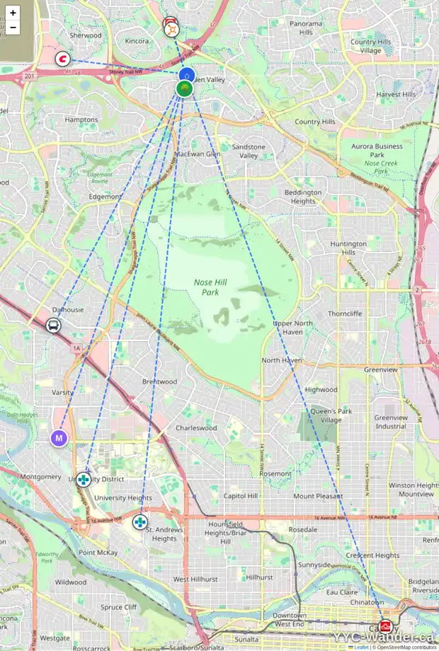 Daily accessibility map for 56 HIDDEN RANCH CR NW, Calgary showing nearby schools, grocery stores, parks, LRT stations and nearby amenities