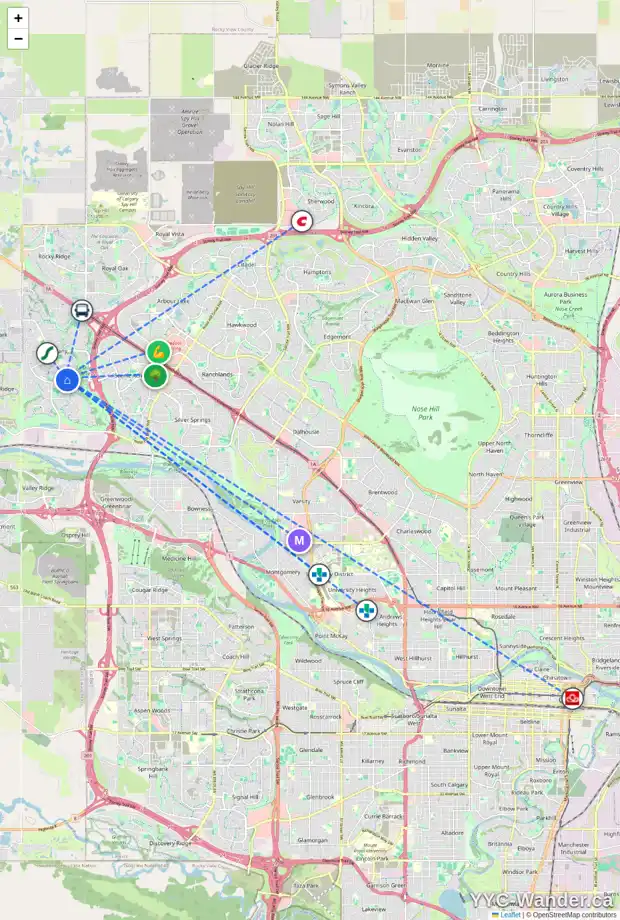 Daily accessibility map for 10203 TUSCANY HILLS WY NW, Calgary showing nearby schools, grocery stores, parks, LRT stations and nearby amenities