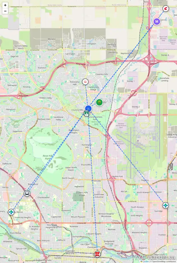 Daily accessibility map for 1128 COUNTRY HILLS CI NW, Calgary showing nearby schools, grocery stores, parks, LRT stations and nearby amenities