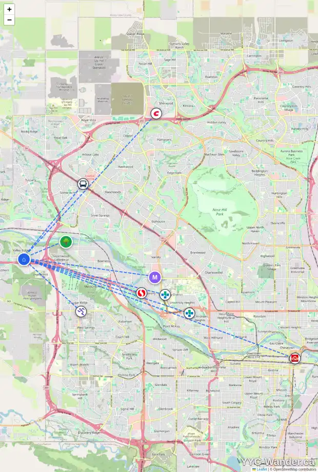 Daily accessibility map for 156 VALLEY RIDGE HT NW, Calgary showing nearby schools, grocery stores, parks, LRT stations and nearby amenities