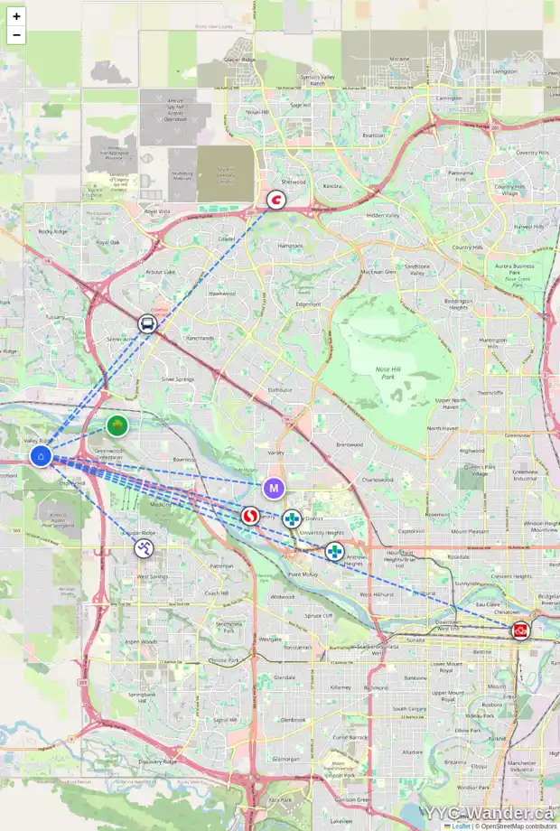 Daily accessibility map for 41 VALLEY RIDGE HT NW, Calgary showing nearby schools, grocery stores, parks, LRT stations and nearby amenities