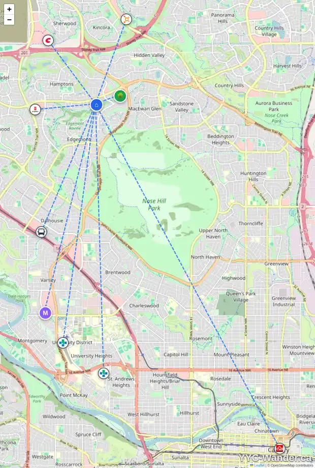Daily accessibility map for 27 EDGERIDGE PA NW, Calgary showing nearby schools, grocery stores, parks, LRT stations and nearby amenities