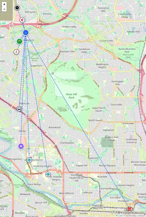 Daily accessibility map for 90 HAMPTONS CL NW, Calgary showing nearby schools, grocery stores, parks, LRT stations and nearby amenities