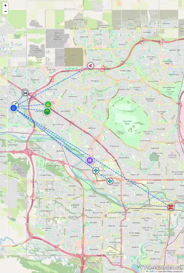 Daily accessibility map for 11356 TUSCANY BV NW, Calgary showing nearby schools, grocery stores, parks, LRT stations and nearby amenities