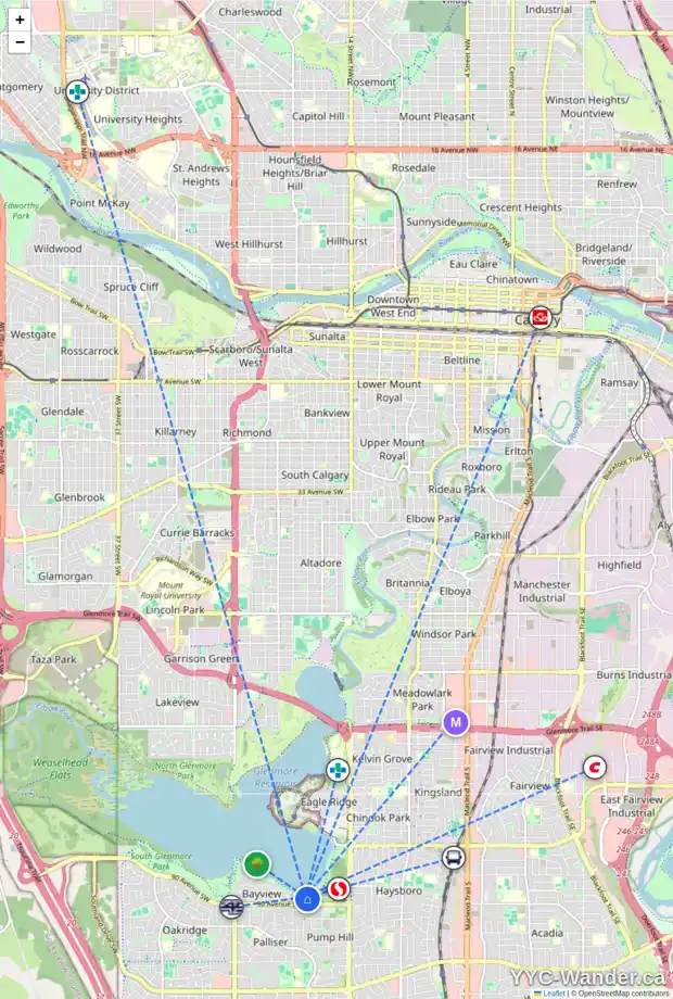 Daily accessibility map for 1828 BAY SHORE RD SW, Calgary showing nearby schools, grocery stores, parks, LRT stations and nearby amenities