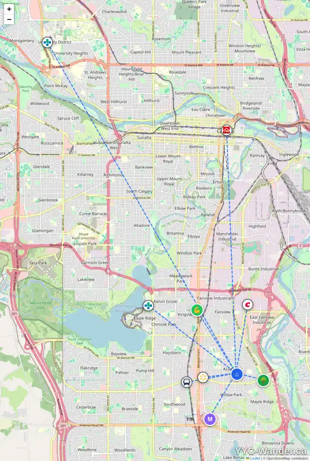 Daily accessibility map for 9616 5 ST SE, Calgary showing nearby schools, grocery stores, parks, LRT stations and nearby amenities