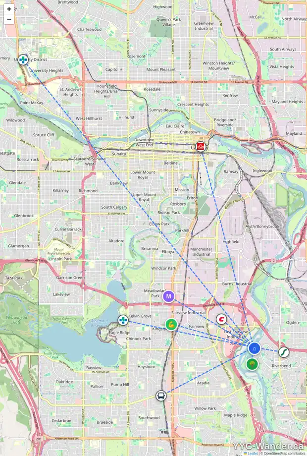 Daily accessibility map for 153 RIVERSIDE CI SE, Calgary showing nearby schools, grocery stores, parks, LRT stations and nearby amenities